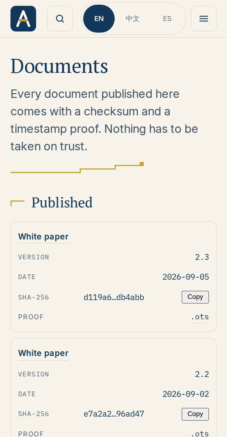 The documents page with checksums